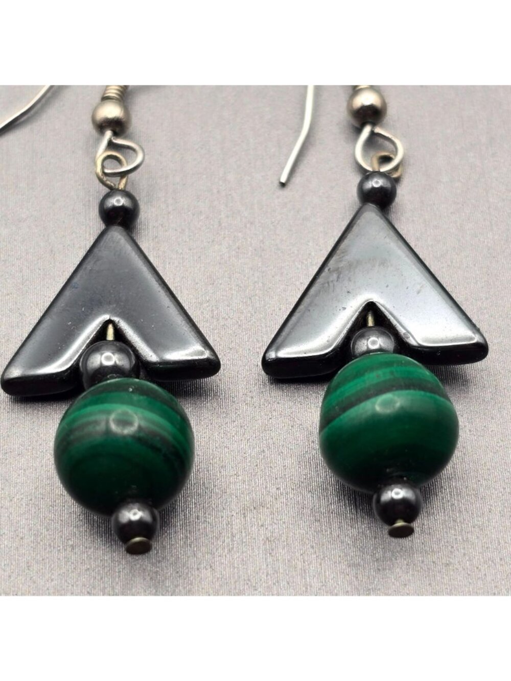 Vintage Malachite Hematite Arrowhead Drop Earrings Sterling Silver Boho Dangle - Picture 3 of 8